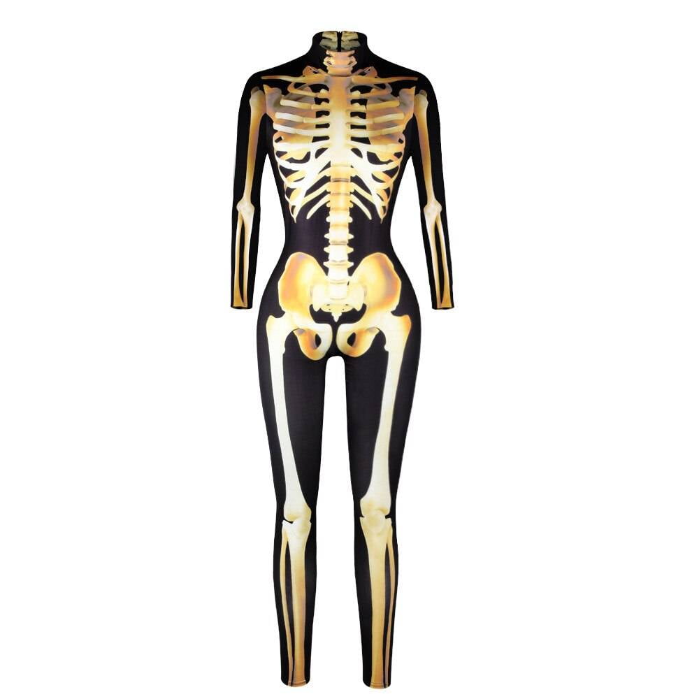 VIP FASHION New Graveyard Halloween Cospaly Costume For Women 3D Skull Skeleton Ghost Jumpsuits Halloween Bodysuit