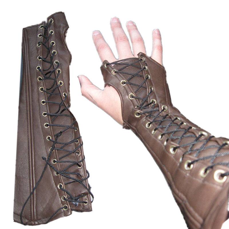 Steampunk Leather Bracer Fingerless Long Gloves Elbow Lace Up Cuffs Medieval Armor Gauntlet Archer Costume Cosplay For Men Women