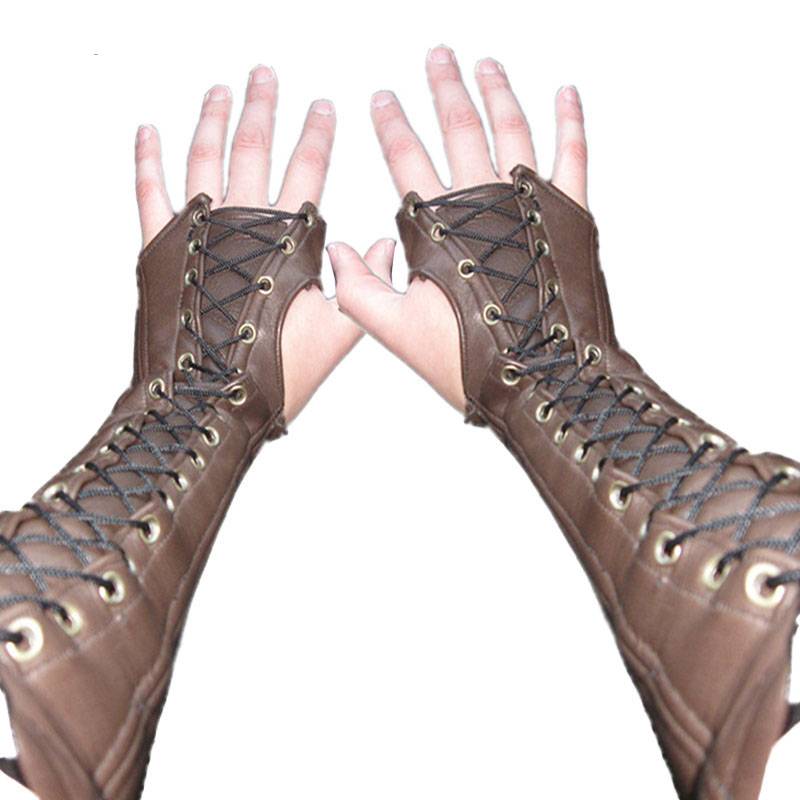 Steampunk Leather Bracer Fingerless Long Gloves Elbow Lace Up Cuffs Medieval Armor Gauntlet Archer Costume Cosplay For Men Women