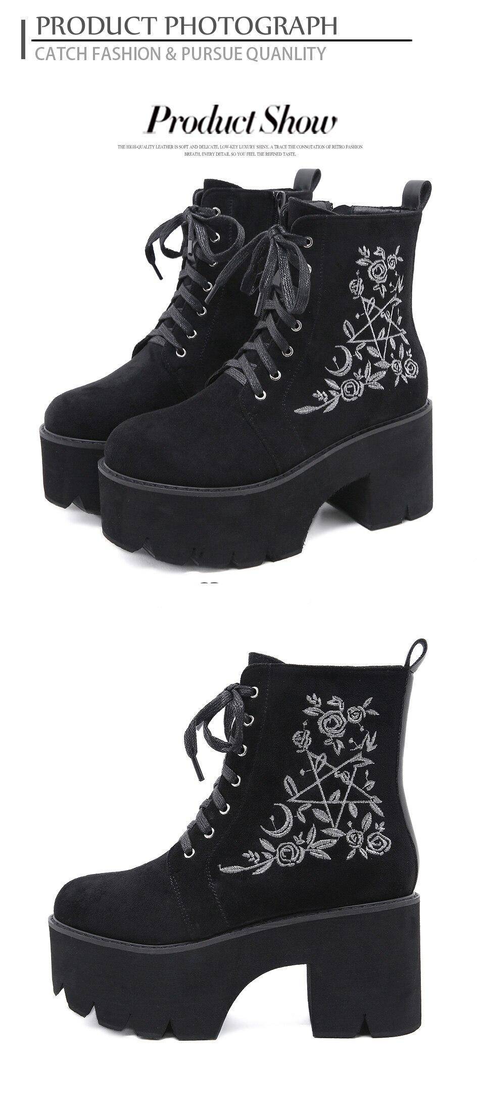 Gdgydh Fashion Flower Platform Boots Chunky Punk Suede Leather Womens Gothic Shoes Nightclub Lace Up Back Zipper High Quality