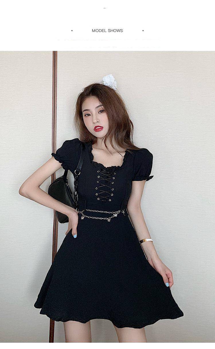 Black Gothic Women Puff Sleeve Dress 2021 Summer Lady Lace-up Bust Eyelet Empire Oversize Mini M-4XL Dresses Metal Waist Chains