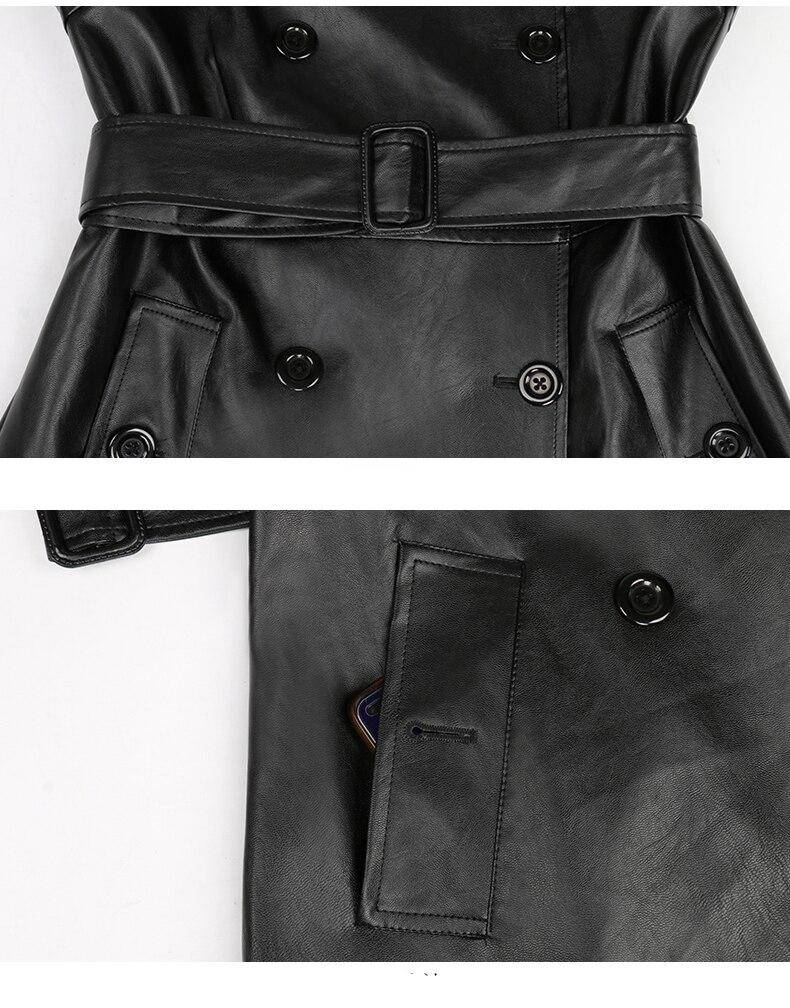 Nerazzurri Spring Autumn Luxury Long Black Soft Faux Leather Trench Coat for Women Belt Double Breasted Elegant Overcoat 5xl 6xl